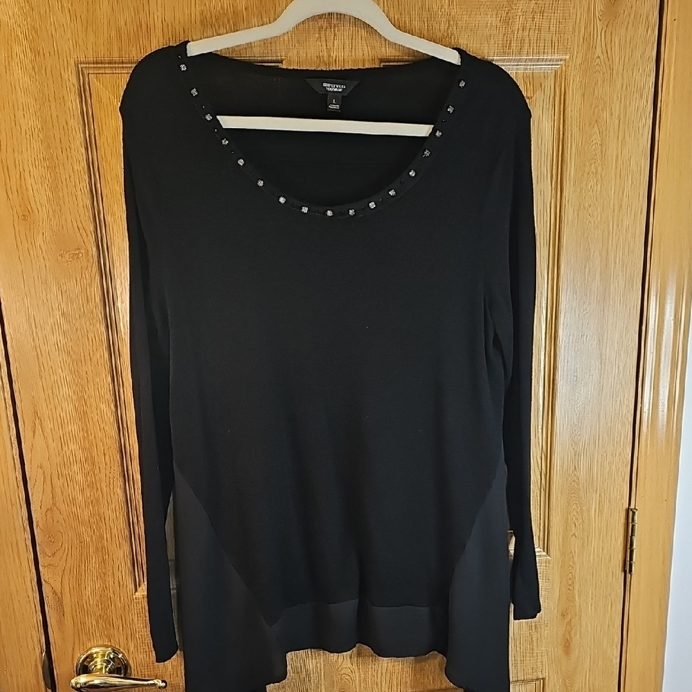 Simply Vera Vera Wang Black Long Sleeve Top with Studded Neckline